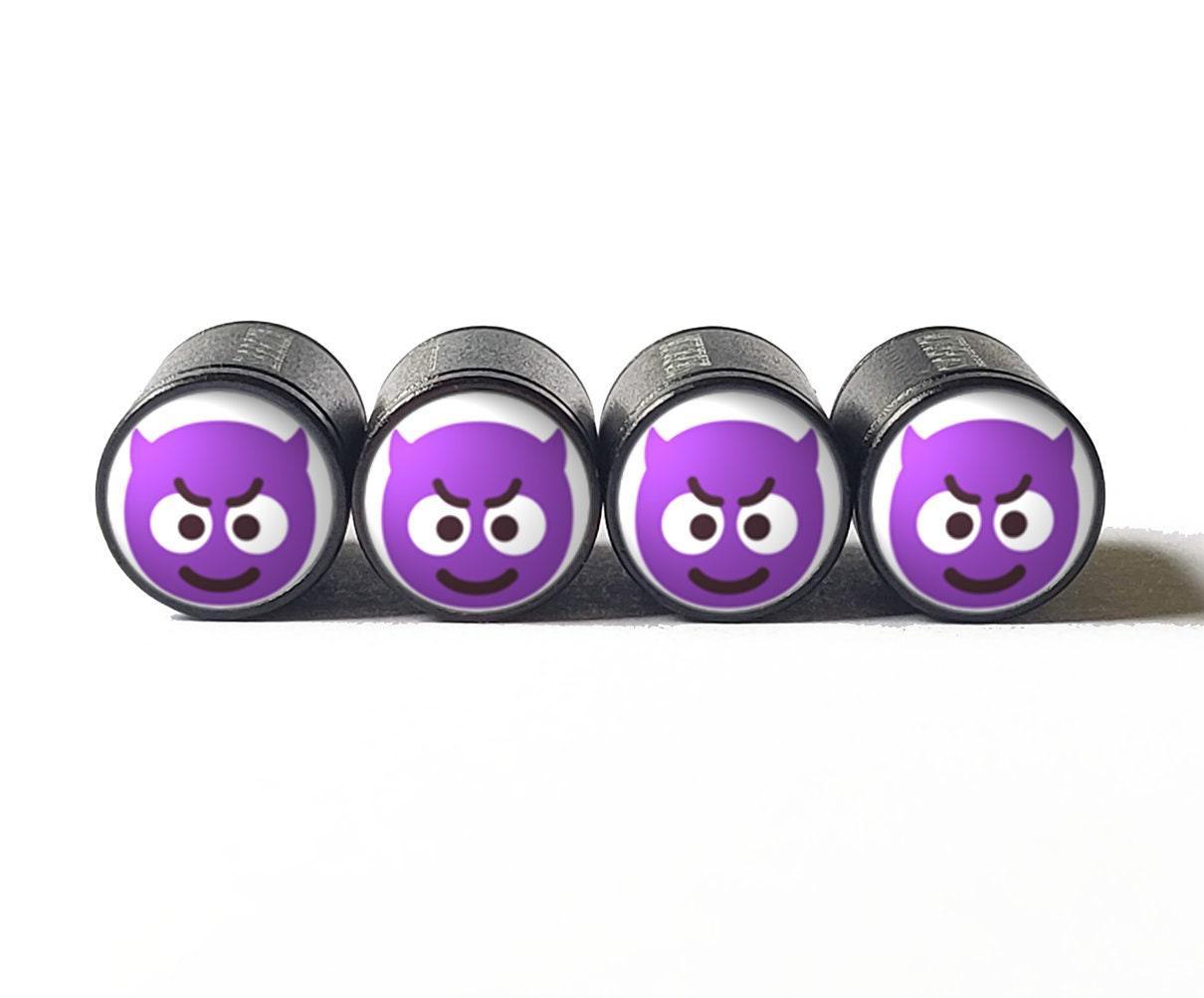 Purple Devil Emoji Tire Valve Caps - Black Aluminum - Set of Four