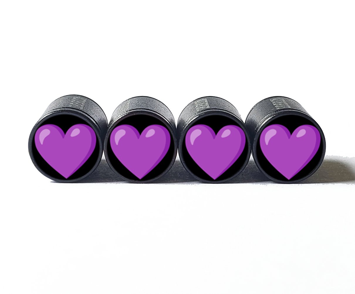 Purple Heart Emoji Tire Valve Caps - Black Aluminum - Set of Four