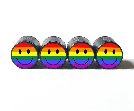 Rainbow Happy Face Tire Valve Caps - Black Aluminum - Set of Four