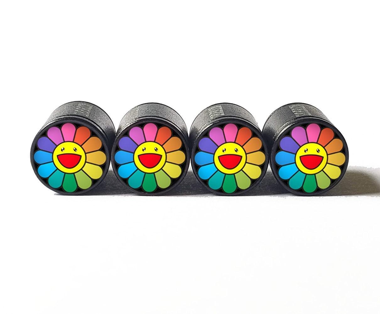 Rainbow Petal Happy Face Daisy Tire Valve Caps - Aluminum - Set of 4