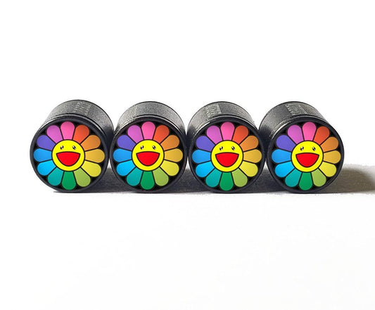 Rainbow Petal Happy Face Daisy Tire Valve Caps - Aluminum - Set of 4