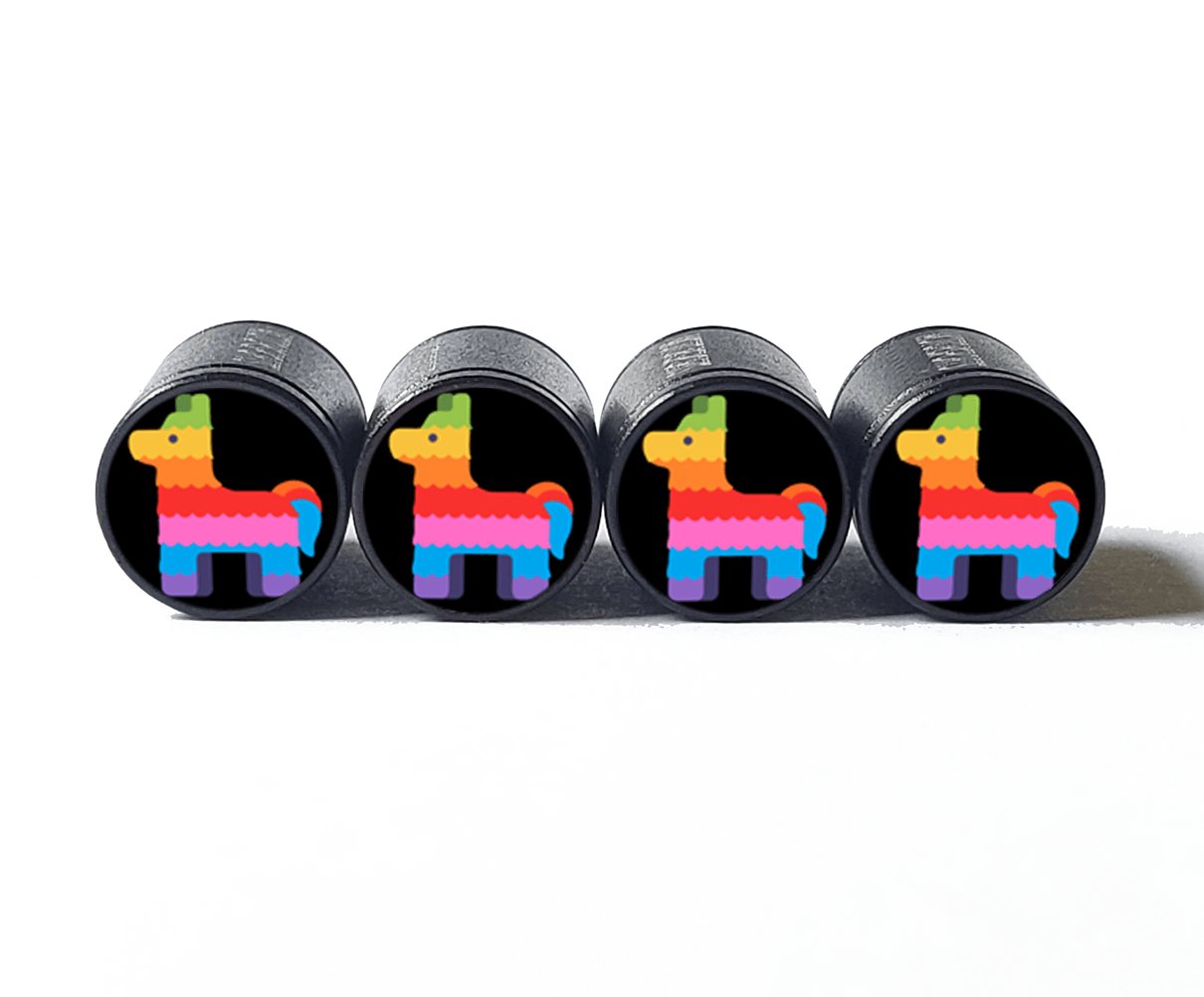 Rainbow Pinata Emoji Tire Valve Caps - Black Aluminum - Set of Four