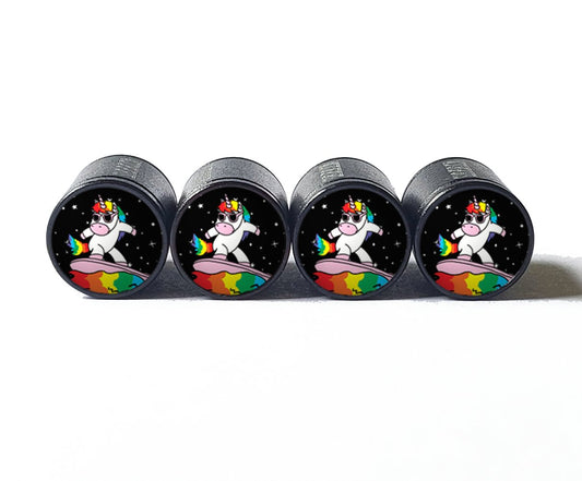 Rainbow Unicorn Surfer Tire Valve Caps - Black Aluminum - Set of Four