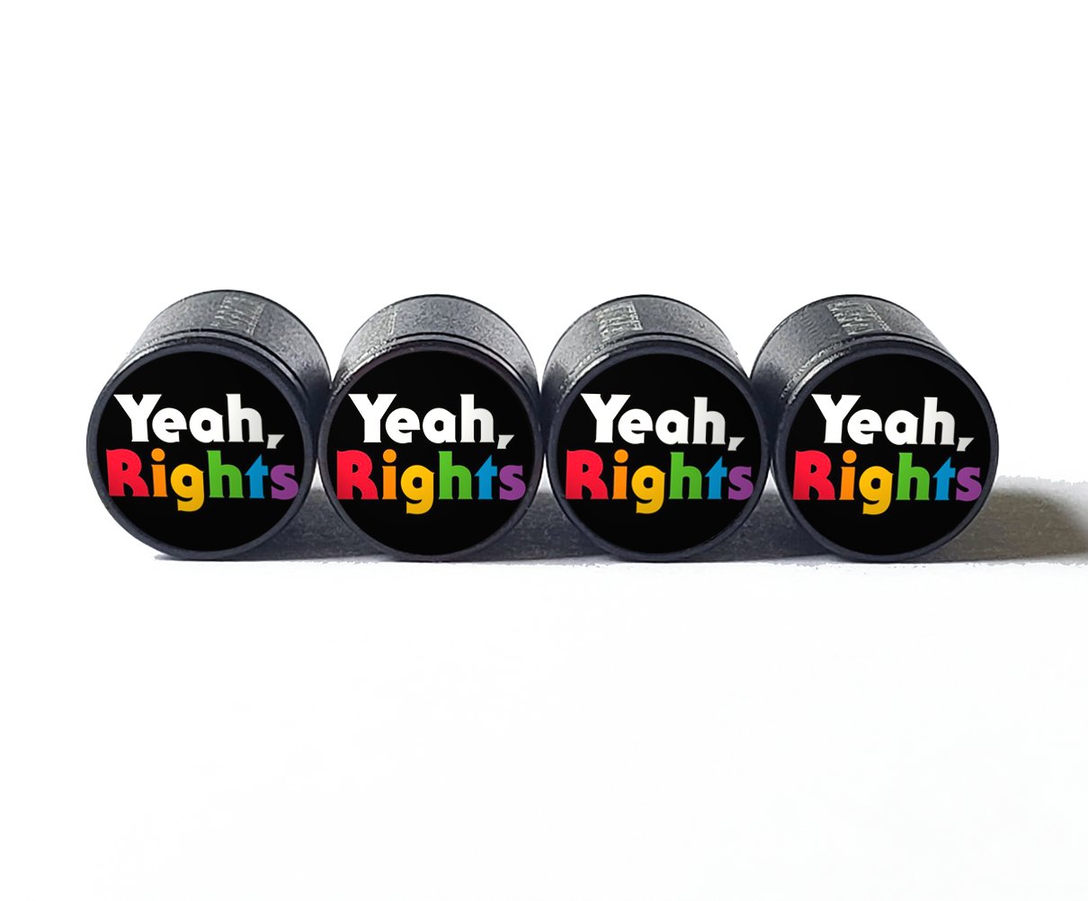 Rainbow "Yeah, Rights" Tire Valve Caps - Black Aluminum - Set of Four