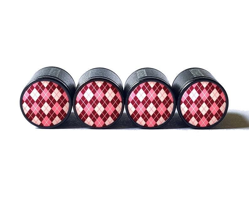 Red and Pink Argyle Tire Valve Stem Caps - Black Aluminum - Set of 4