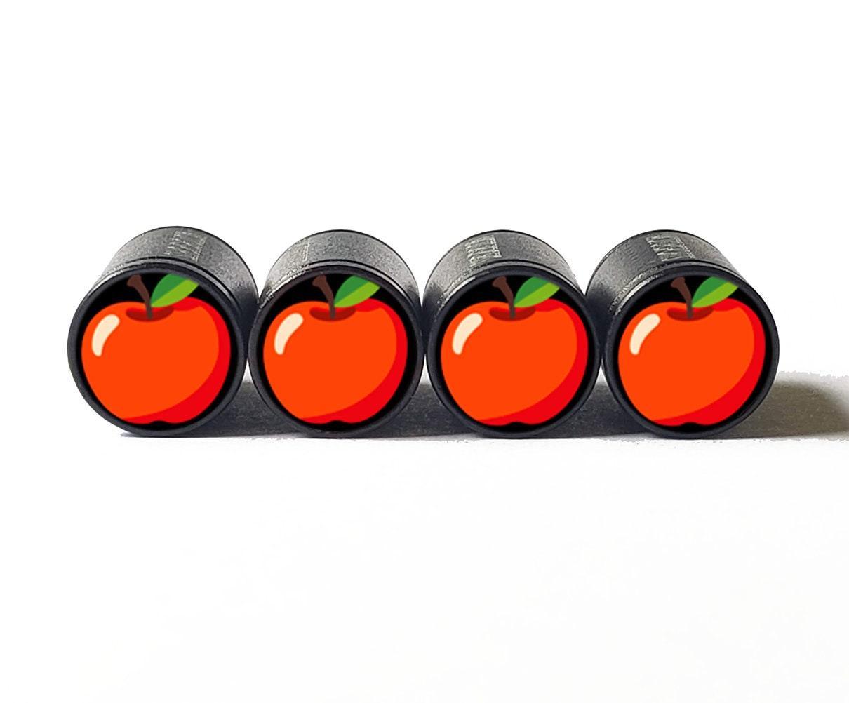 Red Apple Emoji Tire Valve Stem Caps - Black Aluminum - Set of Four