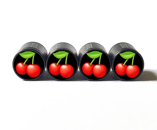 Red Cherries Emoji Tire Valve Caps - Black Aluminum - Set of Four