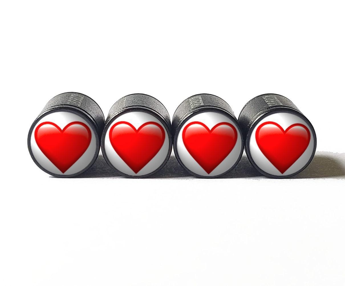 Red Heart Emoji Tire Valve Caps - Black Aluminum - Set of Four