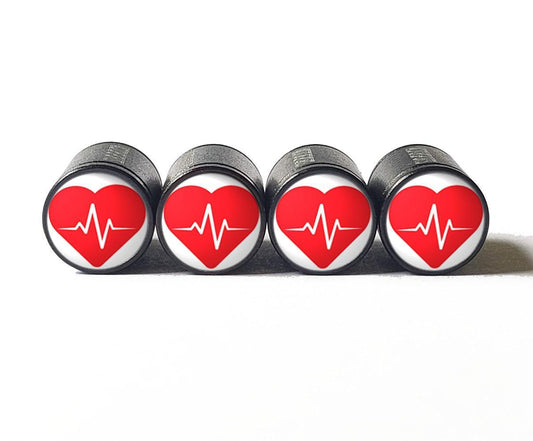 Red Heart with Heartbeat Tire Valve Caps - Black Aluminum - Set of Four