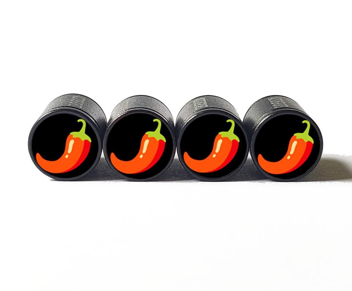 Red Hot Chili Pepper Emoji Tire Valve Caps - Black Aluminum - Set of 4