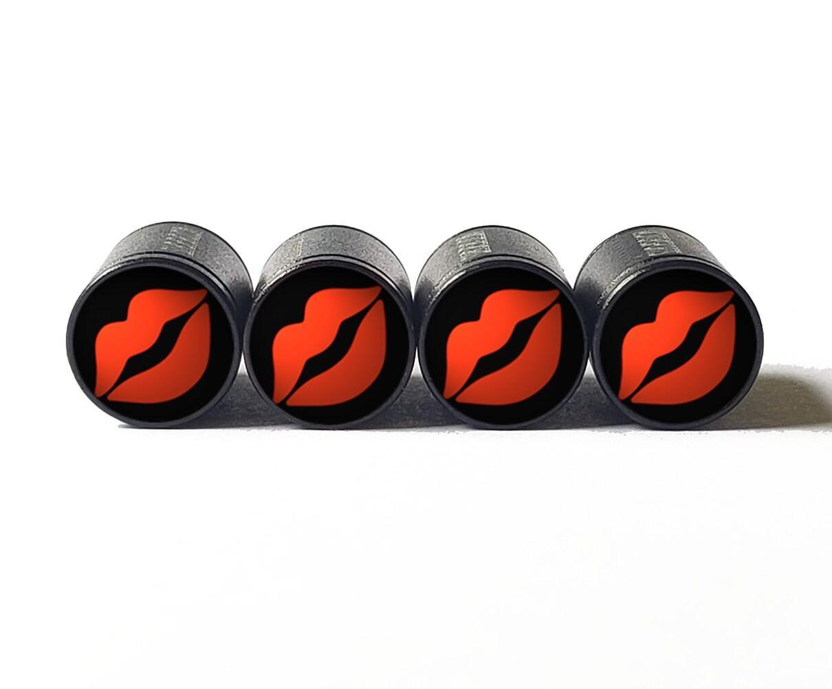 Red Hot Lips Emoji Tire Valve Caps - Black Aluminum - Set of Four