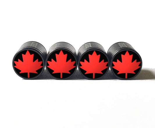 Red Maple Leaf Emoji Tire Valve Caps - Black Aluminum - Set of Four