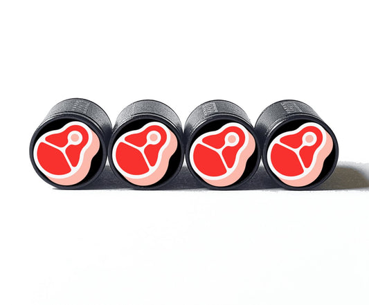 Red Meat Emoji Tire Valve Stem Caps - Black Aluminum - Set of Four