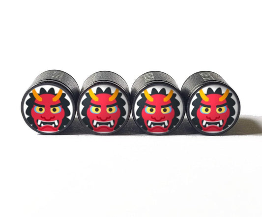 Red Monster Emoji Tire Valve Caps - Black Aluminum - Set of Four