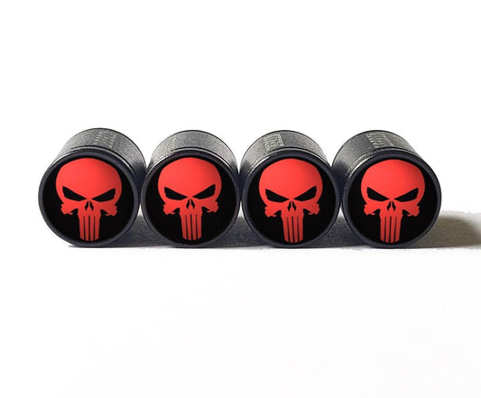 Red Punisher Tire Valve Stem Caps - Black Aluminum - Set of Four