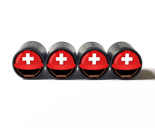 Red Rescue Helmet Emoji Tire Valve Caps - Black Aluminum - Set of 4