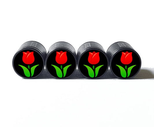 Red Rose Flower Emoji Tire Valve Caps - Black Aluminum - Set of Four