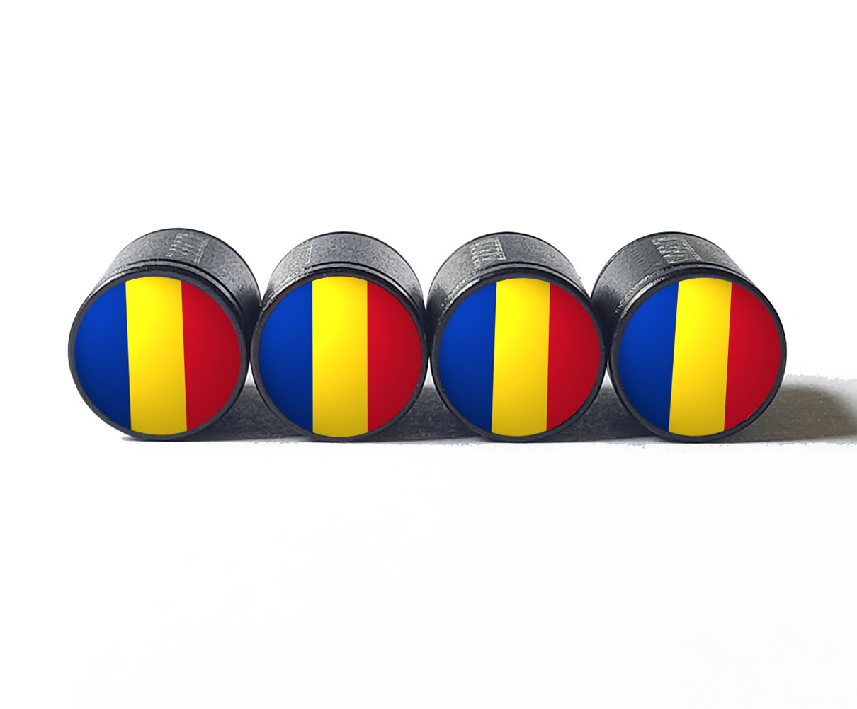 Romania Flag Tire Valve Caps - Black Aluminum - Set of Four