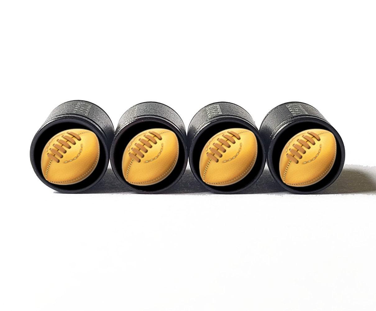 Rugby Ball Emoji Tire Valve Caps - Black Aluminum - Set of Four