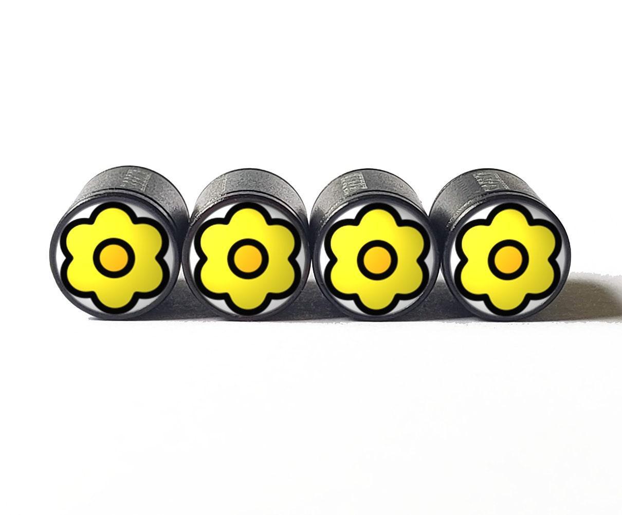 Simple Yellow Flower Emoji Tire Valve Caps - Black Aluminum - Set of 4