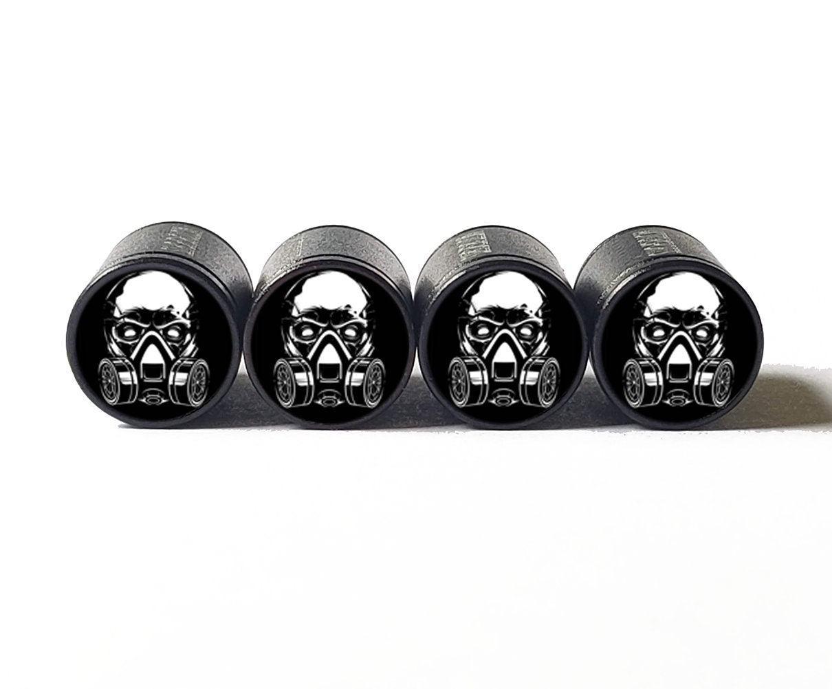 Skull with Gas Mask Tire Valve Caps - Black Aluminum - Set of Four