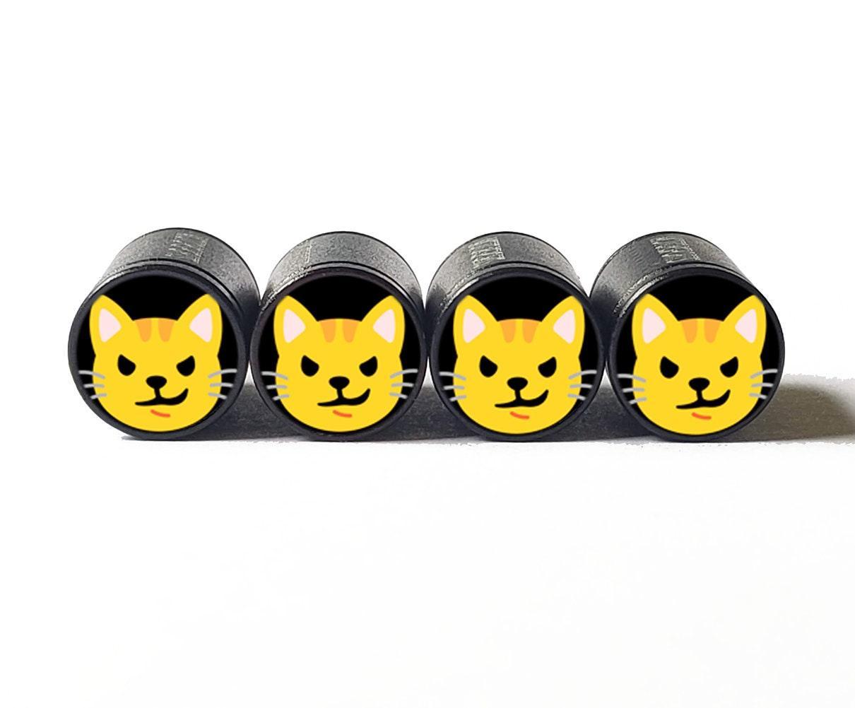 Smirking Cat Face Emoji Tire Valve Caps - Black Aluminum - Set of Four