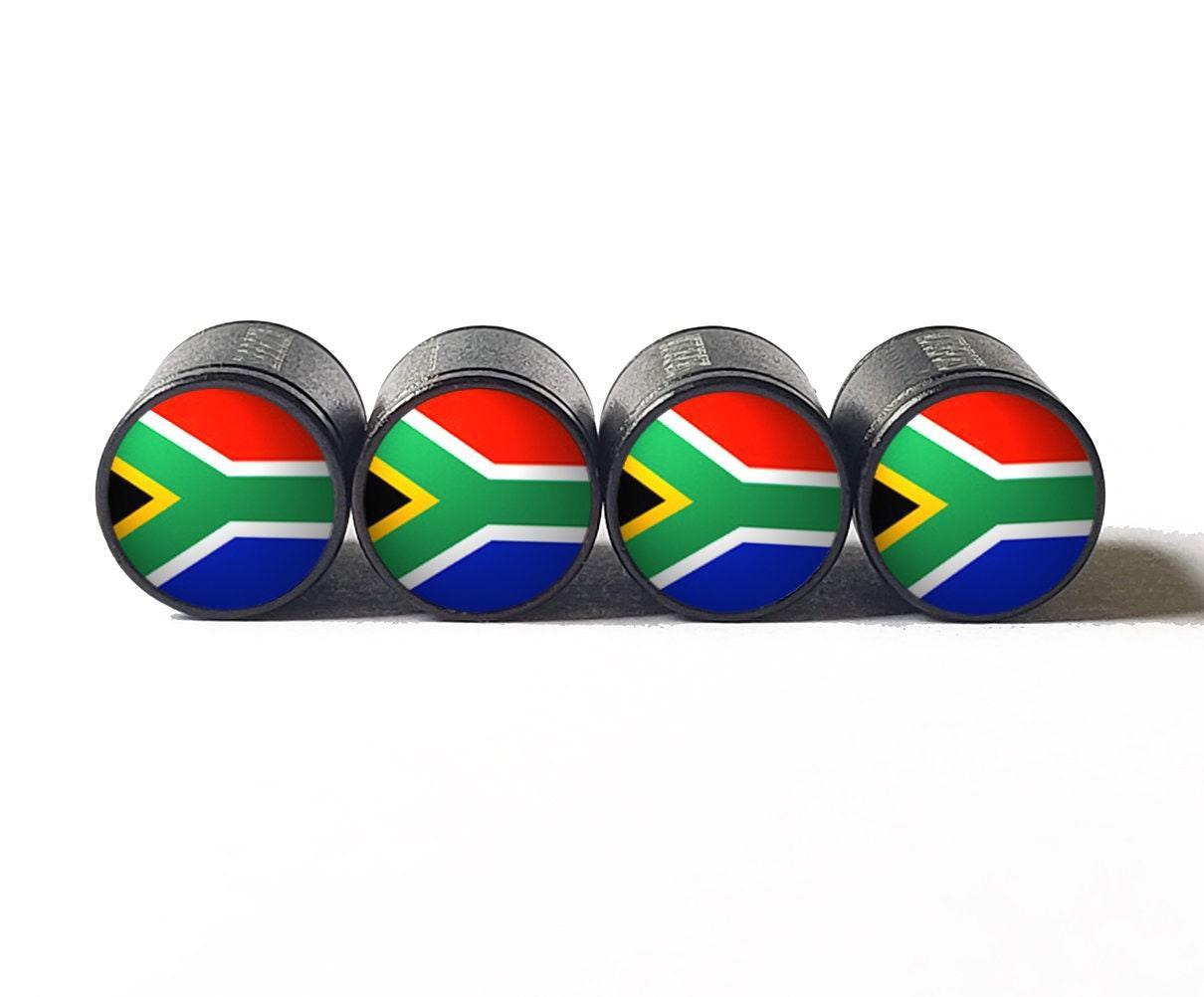 South Africa Flag Tire Valve Stem Caps - Black Aluminum - Set of Four