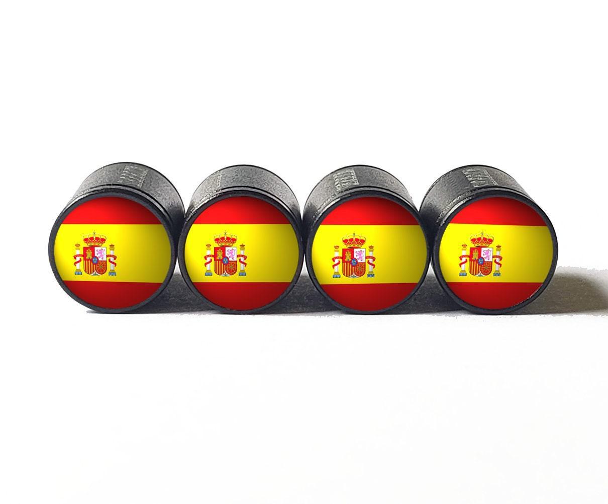 Spain Flag Tire Valve Stem Caps - Black Aluminum - Set of Four