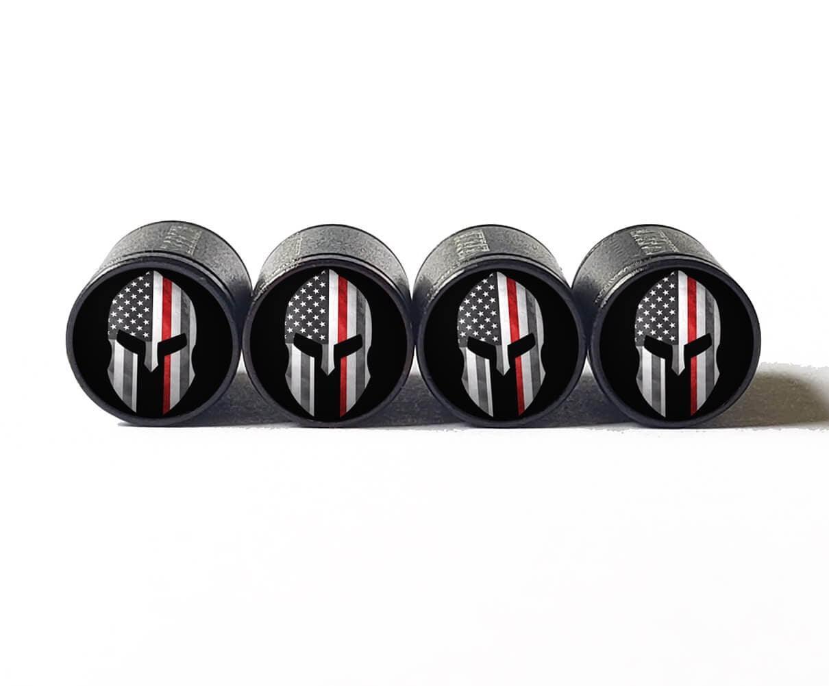 Spartan Firefighter Red Line Tire Valve Caps - Black Aluminum - Set of Four