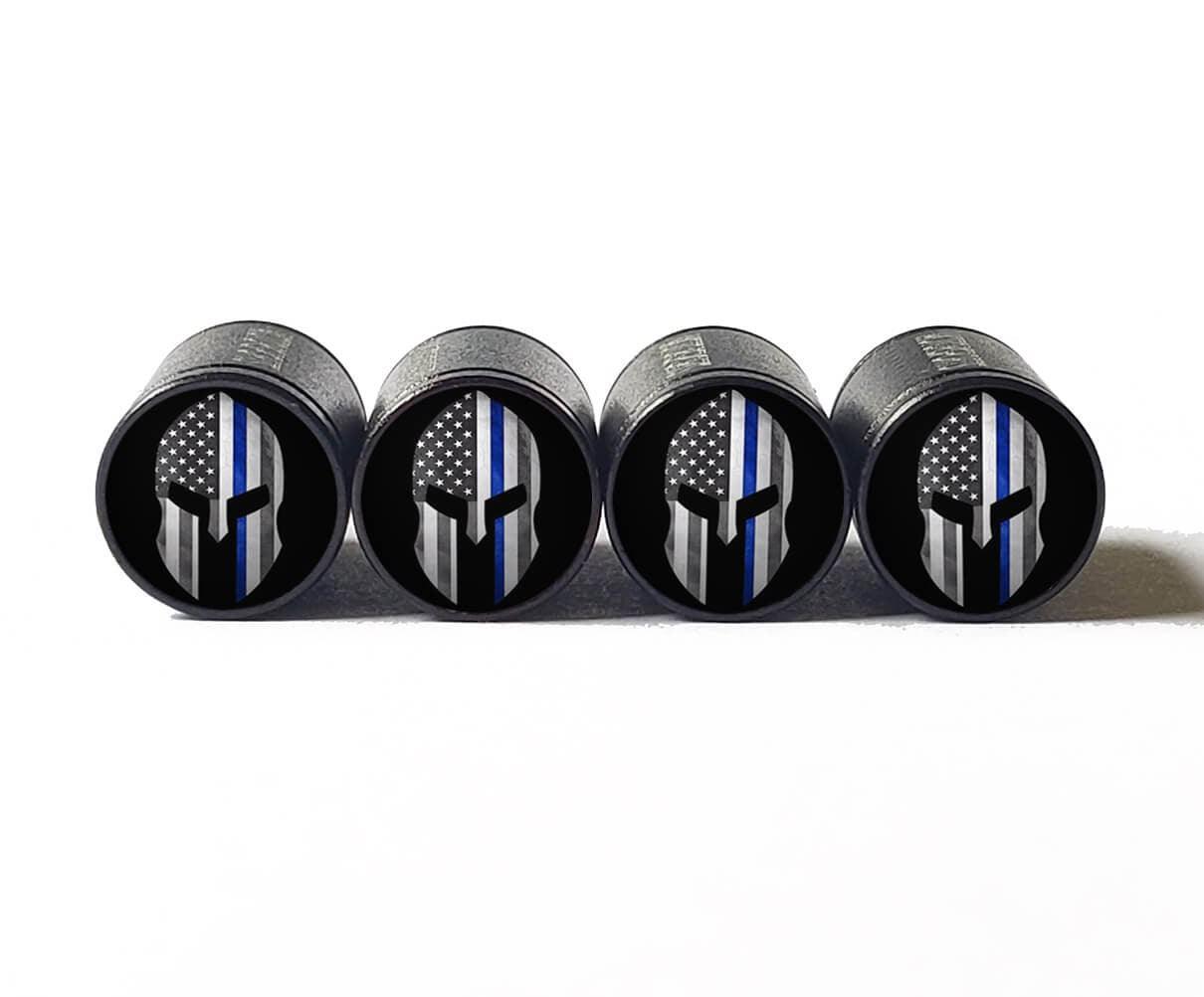 Spartan Police Blue Line Tire Valve Caps - Black Aluminum - Set of 4