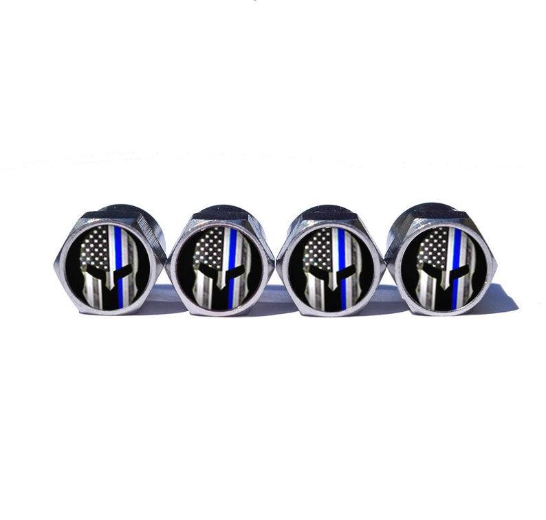 Spartan Police Blue Line Tire Valve Caps - Chrome Coated - Set of Four