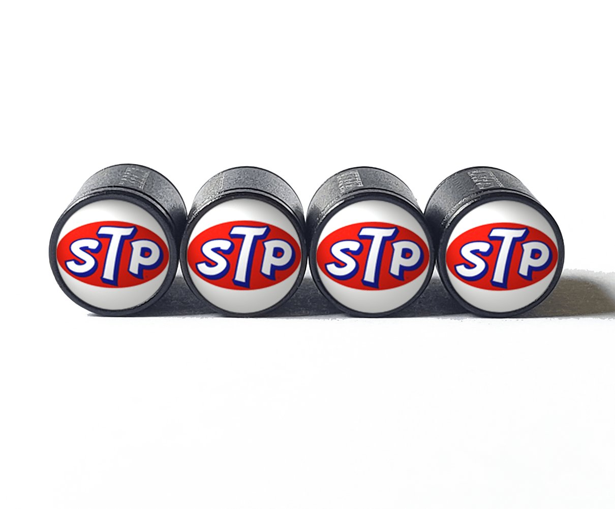 STP Oil Logo Tire Valve Caps - Black Aluminum - Set of Four