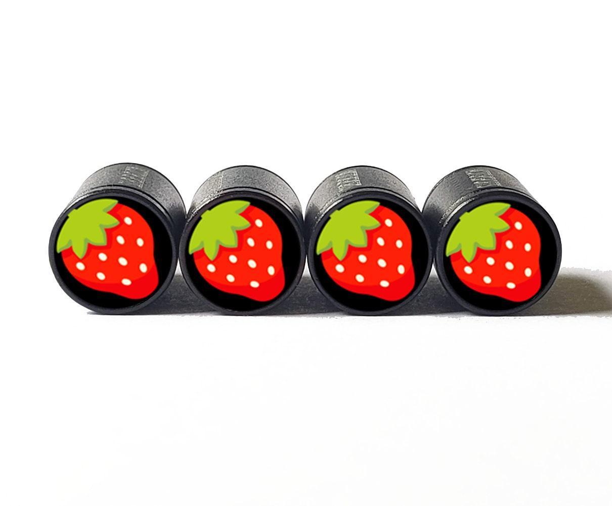 Strawberry Emoji Tire Valve Stem Caps - Black Aluminum - Set of Four