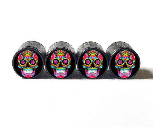 Sugar Skull (Style 1) Tire Valve Caps - Black Aluminum - Set of Four