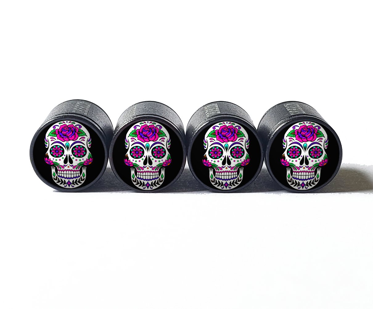 Sugar Skull (Style 10) Tire Valve Caps - Black Aluminum - Set of Four