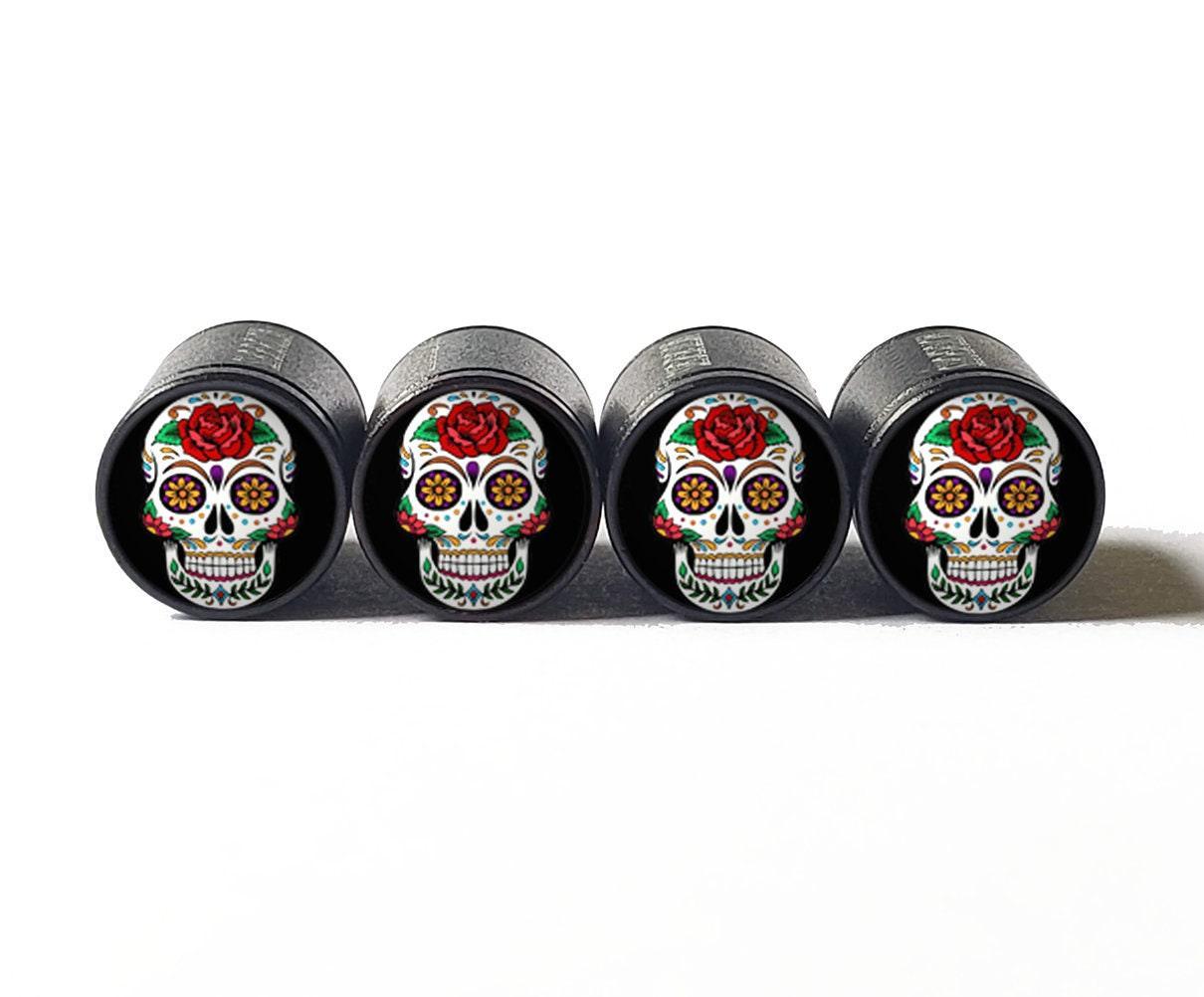 Sugar Skull (Style 2) Tire Valve Caps - Black Aluminum - Set of Four