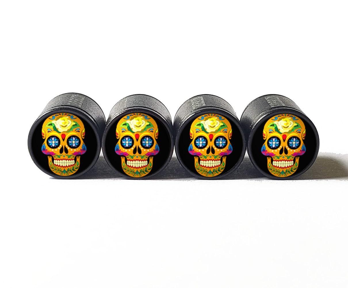 Sugar Skull (Style 3) Tire Valve Caps - Black Aluminum - Set of Four