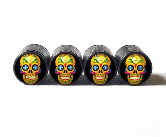 Sugar Skull (Style 3) Tire Valve Caps - Black Aluminum - Set of Four