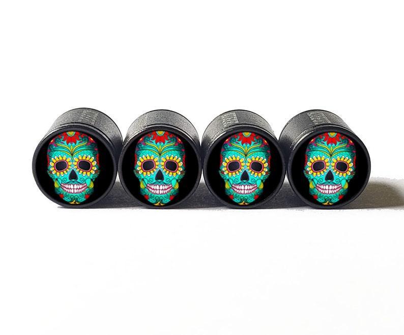 Sugar Skull (Style 4) Tire Valve Caps - Black Aluminum - Set of Four