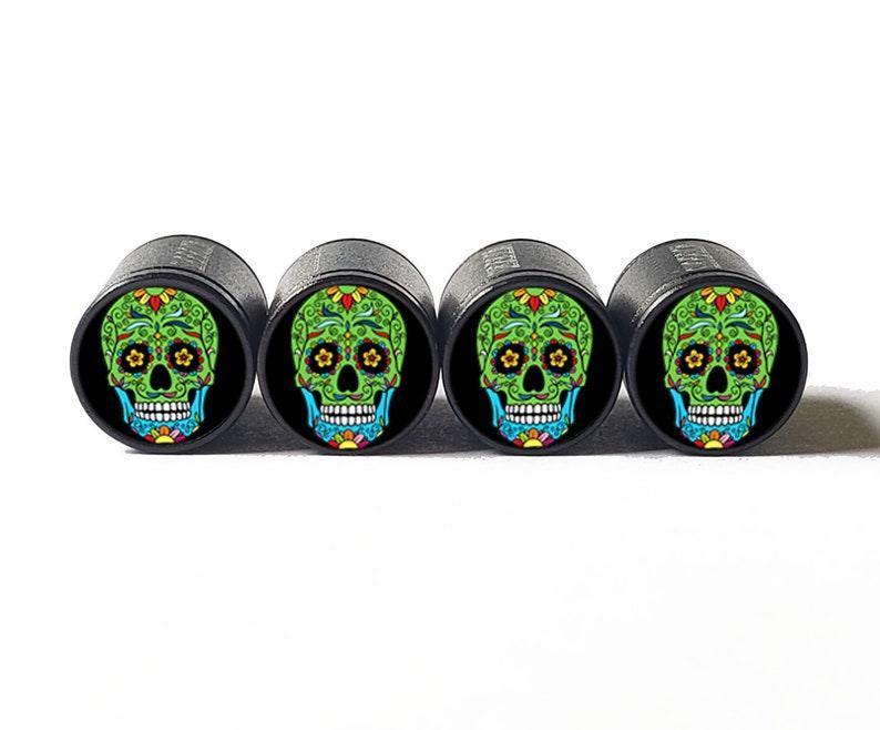 Sugar Skull (Style 5) Tire Valve Caps - Black Aluminum - Set of Four