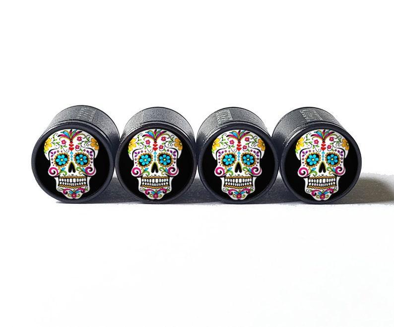 Sugar Skull (Style 6) Tire Valve Caps - Black Aluminum - Set of Four