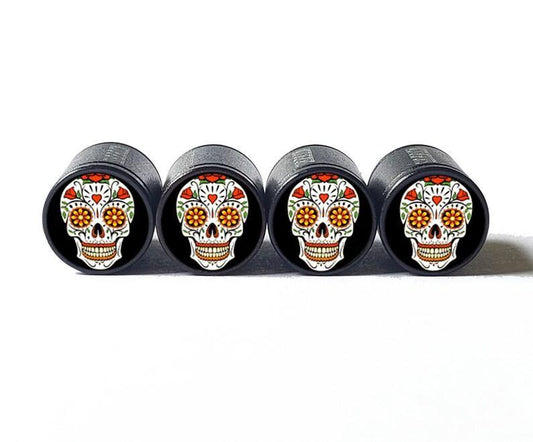 Sugar Skull (Style 7) Tire Valve Caps - Black Aluminum - Set of Four