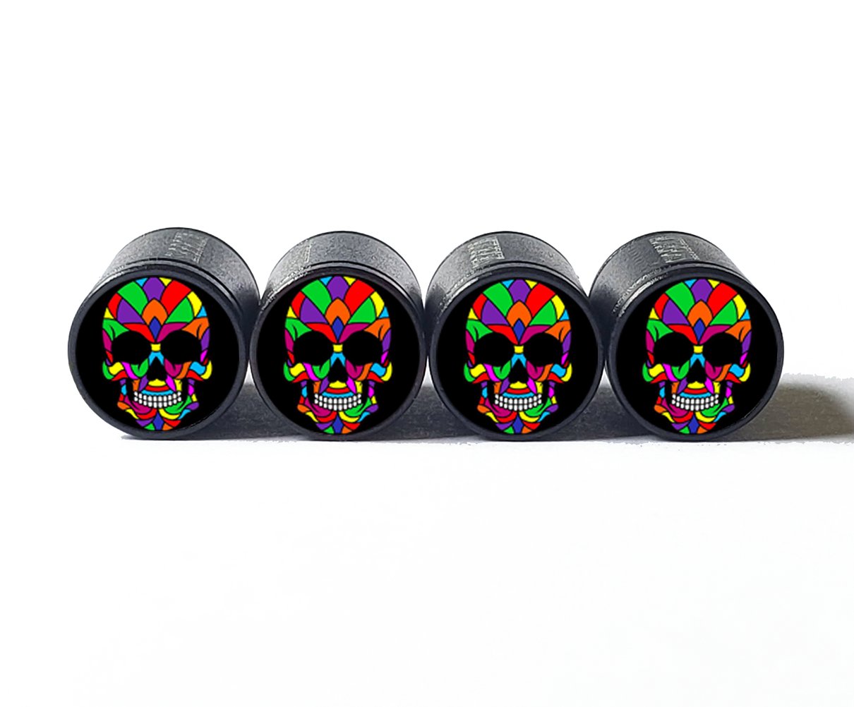 Sugar Skull (Style 8) Tire Valve Caps - Black Aluminum - Set of Four