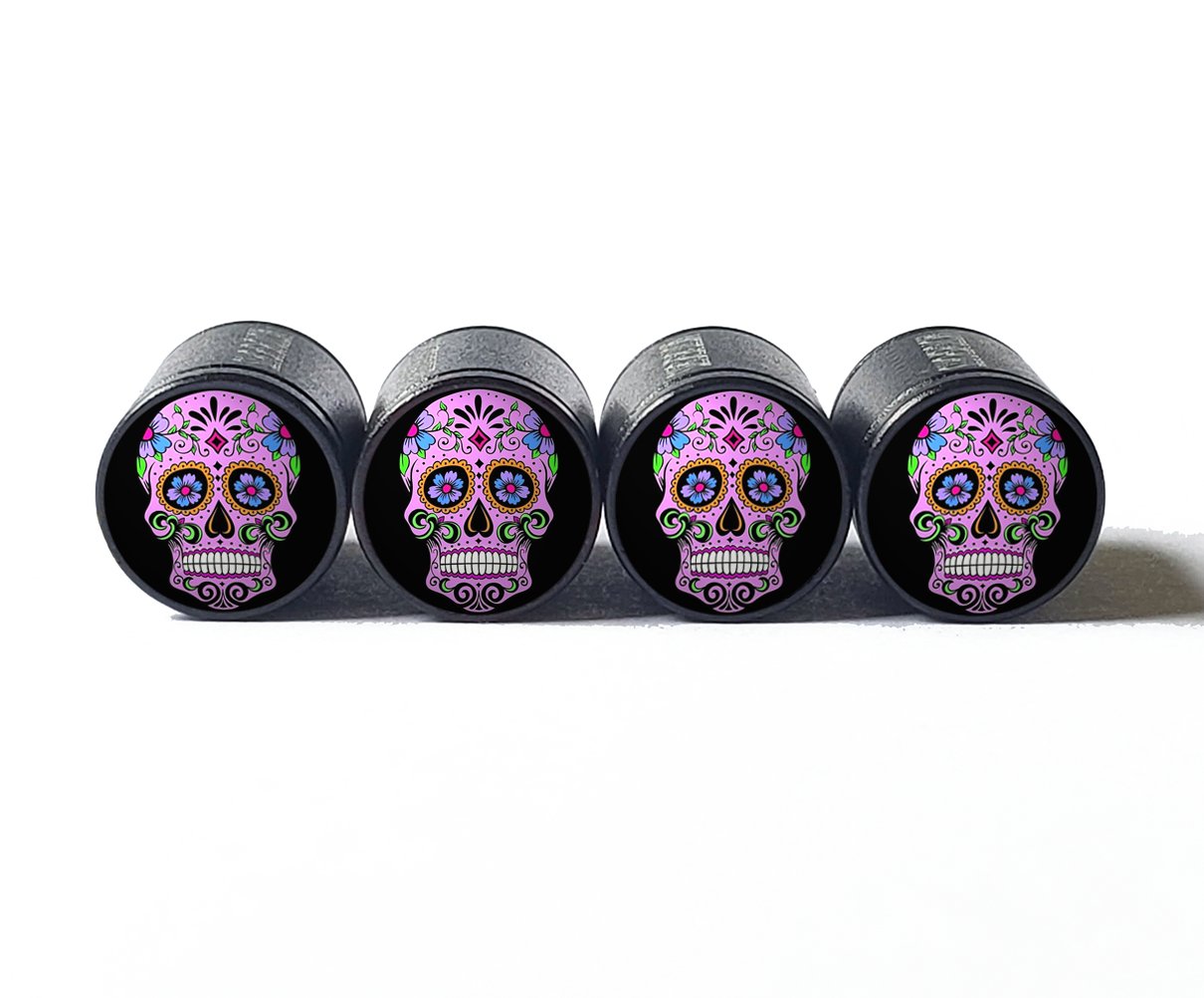 Sugar Skull (Style 9) Tire Valve Caps - Black Aluminum - Set of Four