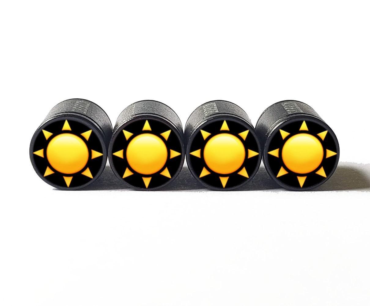 Sun Sunshine Emoji Tire Valve Caps - Black Aluminum - Set of Four