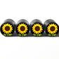 Yellow Sunflower Emoji Tire Valve Stem Caps - Black Aluminum - Set of Four