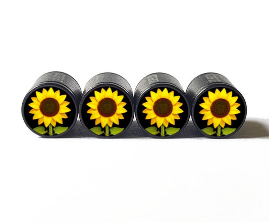 Yellow Sunflower Emoji Tire Valve Stem Caps - Black Aluminum - Set of Four