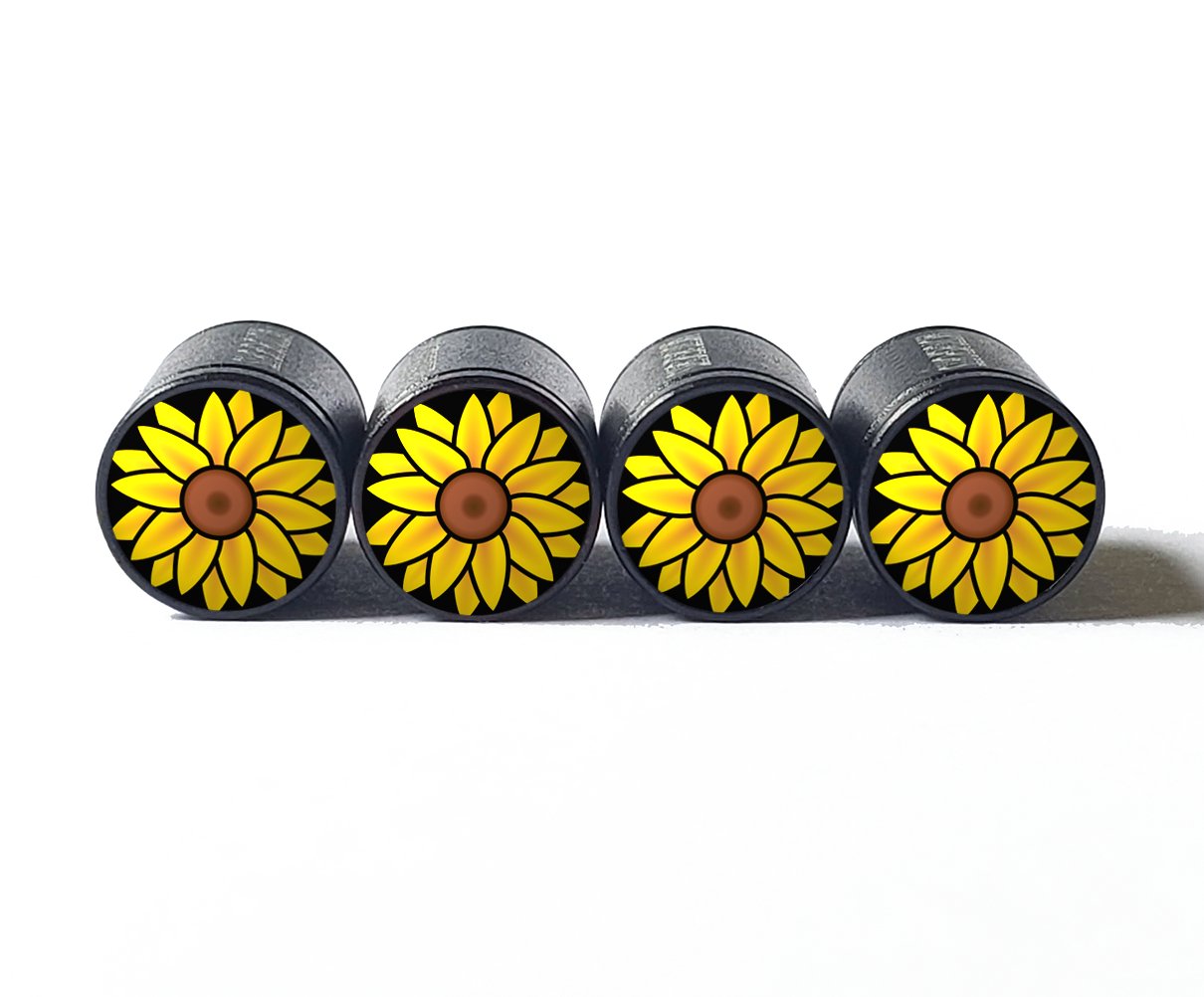 Sunflower Tire Valve Stem Caps - Black Aluminum - Set of Four