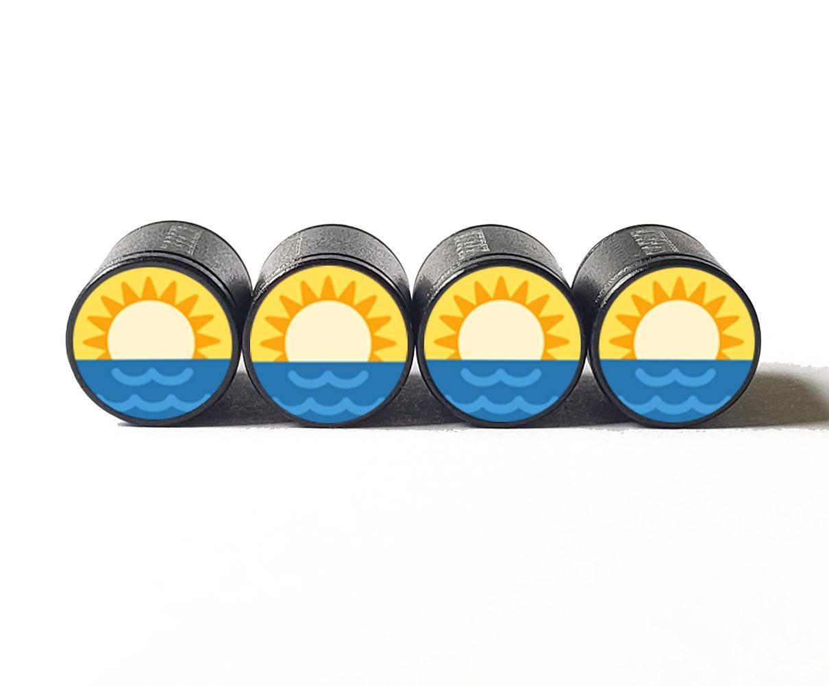 Sunrise Sunset Emoji Tire Valve Caps - Black Aluminum - Set of Four