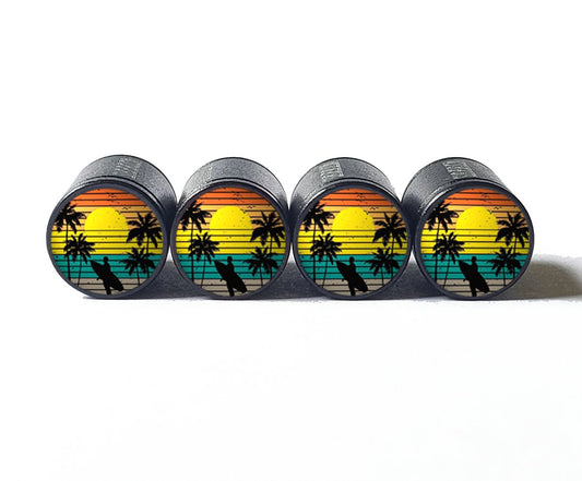 Surfer and Palm Trees Tire Valve Caps - Black Aluminum - Set of Four